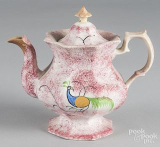 Red spatter teapot with peafowl decoration, 8 3/4'' h.