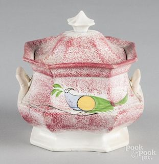 Red spatter covered sugar with peafowl decoration, 6 1/2'' h.