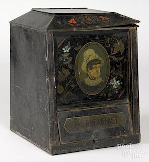 New York painted tin tea bin, late 19th c., by S. A. H. Sley, Brooklyn, 15 1/2'' h., 12'' w.