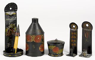 Two toleware tea caddies, together with three sconces, all with later floral decoration
