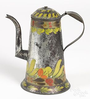 Toleware coffee pot 19th c., with a gooseneck spout and floral decoration, 10 1/4'' h.