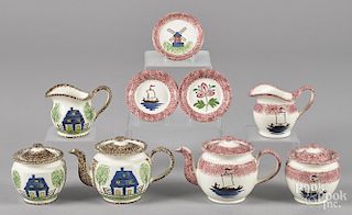 Two reproduction spatter miniature tea services, nine pieces total.