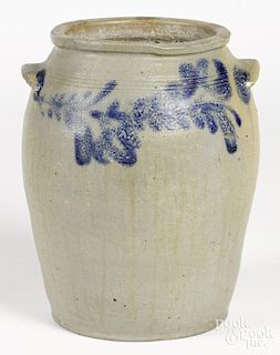 Three-gallon stoneware crock, 19th c., with cobalt floral decoration, 12 3/4'' h.