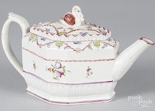 English pearlware teapot, 19th c., with a swan finial, 5 1/2'' h.