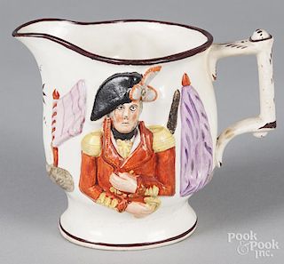 Staffordshire pitcher with relief decoration of Lord Wellington and General Hill, 4 3/4'' h.