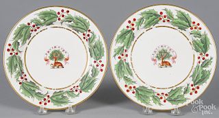Pair of Worcester armorial plates, 19th c., 8 3/8'' dia.