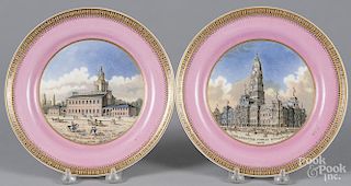 Pair of Staffordshire plates depicting Philadelphia Public Buildings, 1876, and The State House