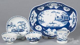 English blue and white porcelain, 18th c., probably Cauldon and Worcester, to include a serving dish