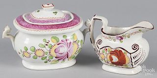 Queens Rose pearlware covered sugar and creamer, 5 1/4'' h. and 4 1/4'' h.