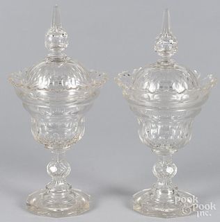 Pair of cut glass covered urns, 19th c., 13 1/2'' h.