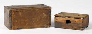 Wood and tin mouse trap, 19th c., 2 1/4'' h., 5 1/2'' w., together with a pine slide lid box