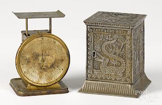 Cast iron Japanese Safe still bank, 5 1/2'' h., together with a small Marvel scale, 5 3/4'' h.