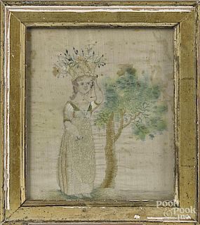 English watercolor and silk embroidery of a girl, early 19th c., 7'' x 5 3/4''.