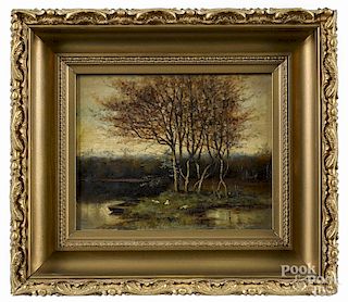 American oil on canvas landscape, late 19th c., signed R W Van Baskerck, 8'' x 10''.