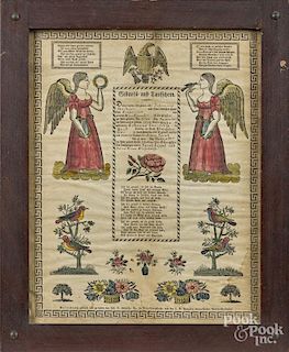Baltimore printed and hand colored fraktur, dated 1834, by Hanzsche, 14 1/2'' x 11 1/4''.