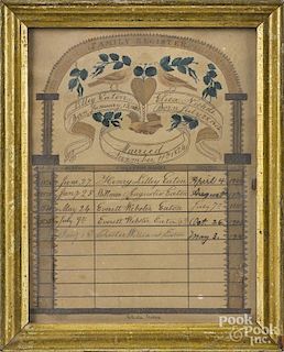 Massachusetts ink and watercolor family register for Lilley Eaton and Eliza Nichols, married 1824