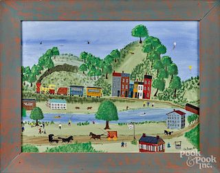 James Burns McCloskey (American 20th c.), oil on canvas folk art landscape with a railroad, signed