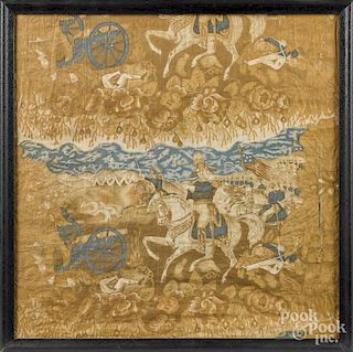 Engraved handkerchief, 19th c., with a battle scene, 23 1/2'' x 23''.