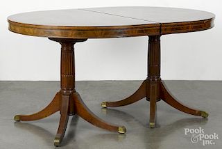 Federal style mahogany double-pedestal dining table with three 11'' leaves, 30 1/4'' h., 44'' w., 60'' d