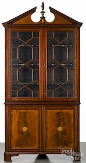 Federal style inlaid mahogany two-part corner cupboard, 86'' h., 40'' w.