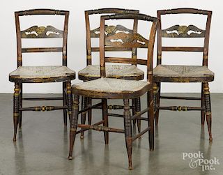 Set of four Sheraton painted fancy chairs, ca. 1830, with eagle decorated crests.