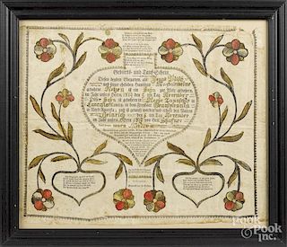 Lebanon, Pennsylvania printed and hand colored fraktur, by Stover, dated 1814, 13 1/4'' x 16 1/4''.
