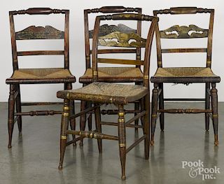 Two pairs of Sheraton painted fancy chairs, ca. 1830, with eagle decorated crests.