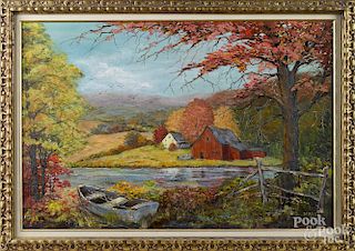 American oil on board landscape with a farm, signed Madge Smith, 24'' x 36''.