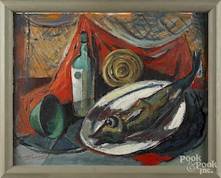 Frederick Gill (American 1906-1974), oil on board still life, titled Wine and Dead Fish, signed