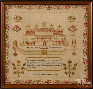 Wool on linen sampler, dated 1838, wrought by Jane Lee