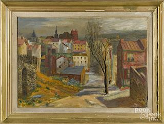 Doris Kunzie (American 1910-2000), oil on canvas view of Manayunk, signed lower right, 25'' x 36''.