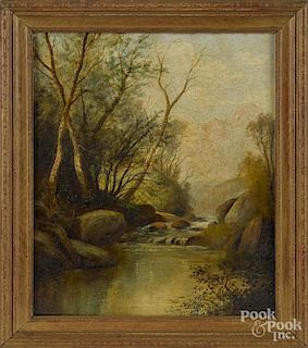 American oil on canvas landscape, late 19th c., with a river, 12'' x 10''.