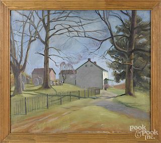 Paul Wescott (American 1904-1970), oil on canvas of a courtyard, the reverse with a landscape