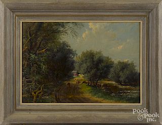 Oil on board landscape, early 20th c., with cows, signed Burr___, 14'' x 20''.