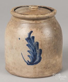 Stoneware crock, 19th c., with cobalt leaf decoration, 8 1/2'' h.