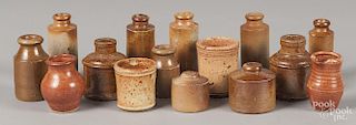 Fifteen miniature stoneware bottles and crocks, tallest - 3 5/8''.
