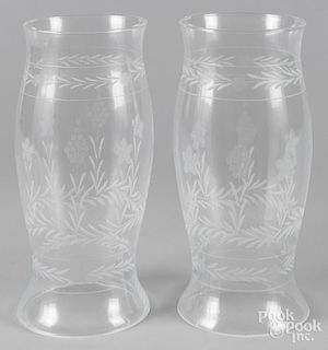 Etched glass hurricane shade, early 20th c., together with a later made to match example, 14 1/2'' h.