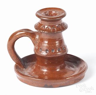 Moravian redware candlestick, early 19th c., 4 1/2'' h.