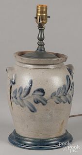 Pennsylvania stoneware crock table lamp, 19th c., with cobalt decoration, 9 3/4'' h.