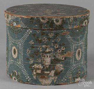 Wallpapered covered hat box, 19th c., 12 1/2'' h., 15 1/2'' w.