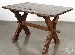 Pine trestle table, 19th c., 30'' h., 49 3/4'' w., 34 1/4'' l.