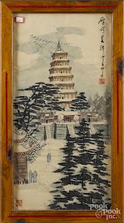 Oriental watercolor of a shrine, 26 1/2'' x 13''.
