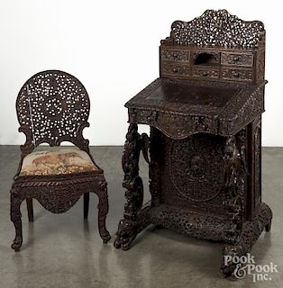 Anglo Indian carved hardwood ladies desk and chair, 19th c.