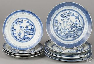 Nine Chinese export porcelain Canton dinner plates, 19th c., 8 3/4'' - 10 3/8'' dia.