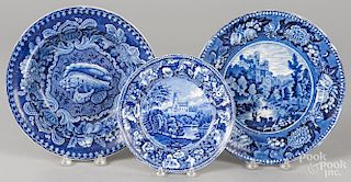 Blue Staffordshire shell shallow bowl, 7 1/2'' dia., together with two English scenery plates