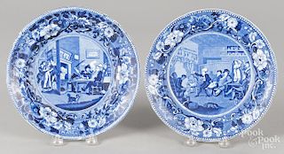 Two blue Staffordshire plates, 19th c., depicting Doctor Syntax Reading his Tour