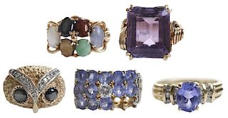 Five Gold and Gemstone Rings