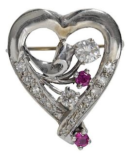 Diamond and Ruby Heart-Shaped Pin