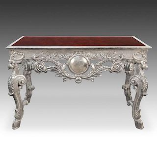 Jasper Inlaid Teak And Silver Clad Console Table