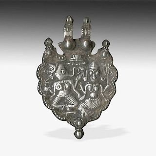Rare Antique Heavy Silver Ganesh And Parvati Plaque Amulet